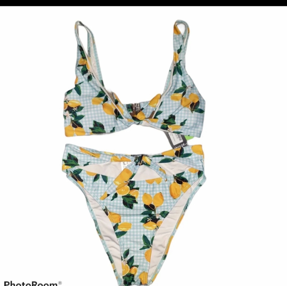 Nasty Gal lemon gingham deep v neck swim bikini set size 4 nwt